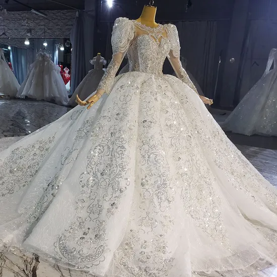 Long Sleeves Bridal Ball Gown Lace Crystals Wedding Dress 2025 M8215 
