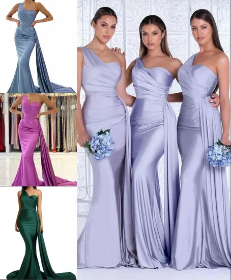 One Shoulder Bridemaid Dresses Satin Mermaid Evening Gowns E2253 